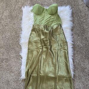 Strapless Olive Green Satin Bustier Maxi Dress